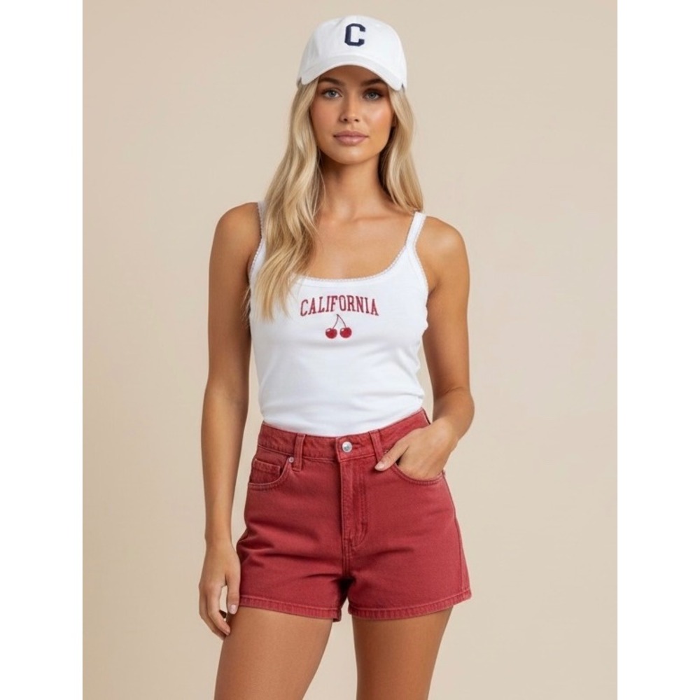 NEW California Cherry Ribbed Tank Top White Size Medium Coquette Summer